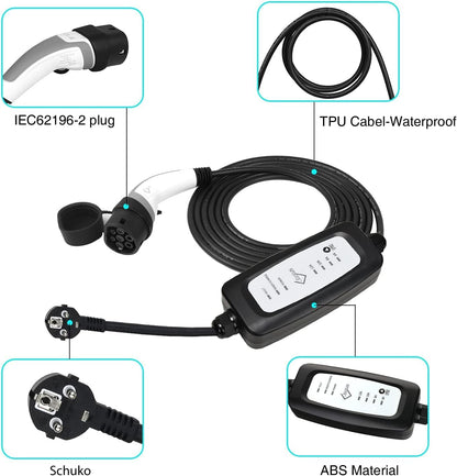 EV Oplader Type 2 3,6kW 7M 1-fase | Schakelbaar 6A-16A | Type 2 Laadkabel Schuko Compatibel met O.a. ID.3/ID.4, Model 3/Y, ZOE, e-208, Spring en Andere Elektrische Auto's en PHEV's