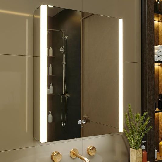 Badkamerspiegel – Spiegelkast – Spiegelwandkast – Led Spiegel – Badkamerkast – Verlichte Spiegelkast – Dimbaar Licht & Anti-Condens – 55x70 cm – USB Stopcontacten - QUORE