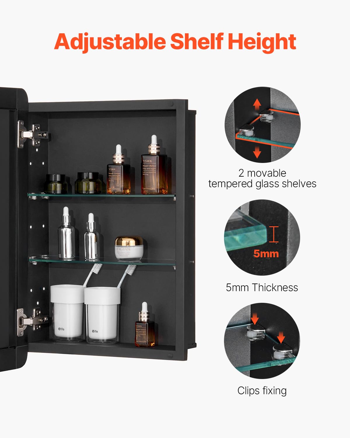 VEVOR Medicijnkastje, 40,6 x 61 cm, medicijnkast voor badkamer met spiegel, aluminium frame, badkamerhangkast, 2-laags verstelbare planken, inbouw- en wandmontage