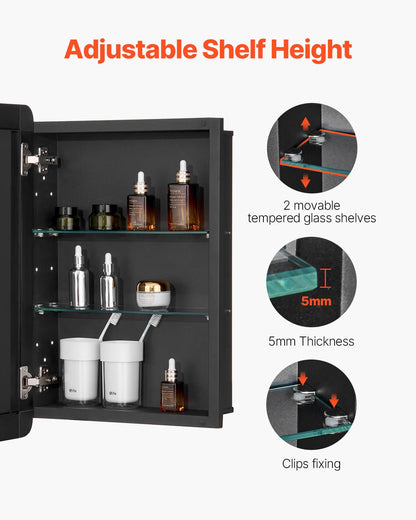 VEVOR Medicijnkastje, 40,6 x 61 cm, medicijnkast voor badkamer met spiegel, aluminium frame, badkamerhangkast, 2-laags verstelbare planken, inbouw- en wandmontage