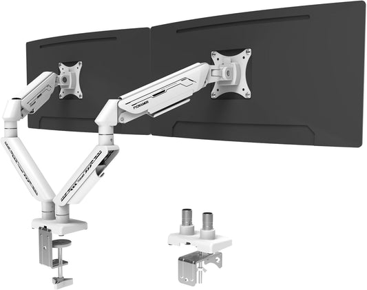 Fydeamer Dubbele monitorarm voor schermen van 17-35 inch tot 11 kg, ergonomische monitorstandaard met in hoogte verstelbaar, kantelbaar, draaibaar en kabelbeheer, VESA-bureauhouder met 2 soorten