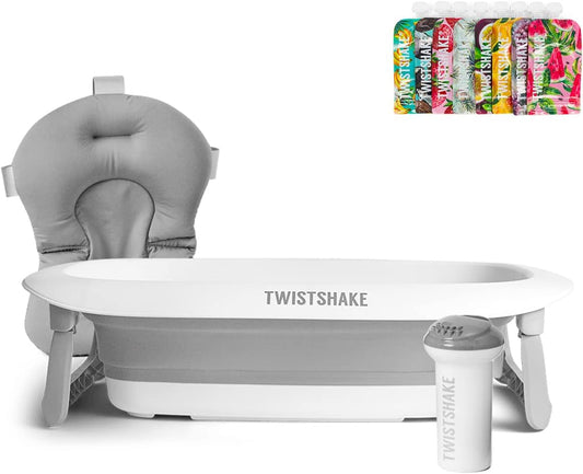 Twistshake Baby Bad Kit - Set van 4|Opvouwbaar Badje + Kussen + Bad Beker + 8x Herbruikbare Knijpzakjes van 220ml |Lichtgewicht- Draagbaar- Gemakkelijk Schoon Te Maken|Ergonomisch Ontwerp|BPA/BPS Vrij