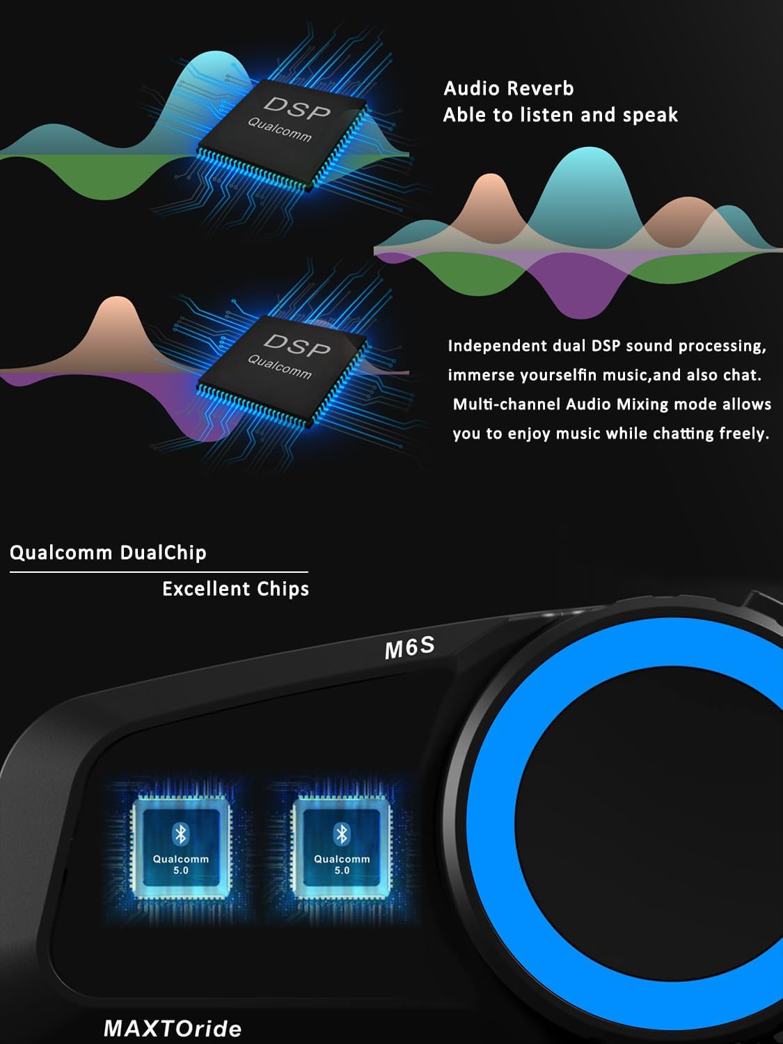 Motorfiets Bluetooth-headset【Mesh Intercom】【BT5.0 dubbele chip】 1000 M motorfiets communicatiesystemen 8 rijders motorhelm Bluetooth, CVC+DSP ruisonderdrukking muziek delen IP67 2Pack