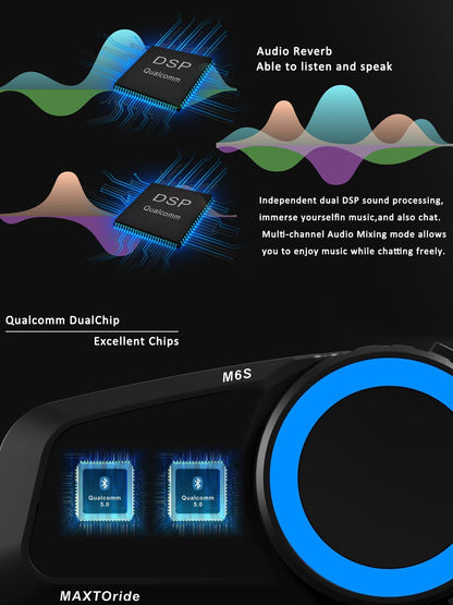 Motorfiets Bluetooth-headset【Mesh Intercom】【BT5.0 dubbele chip】 1000 M motorfiets communicatiesystemen 8 rijders motorhelm Bluetooth, CVC+DSP ruisonderdrukking muziek delen IP67 2Pack