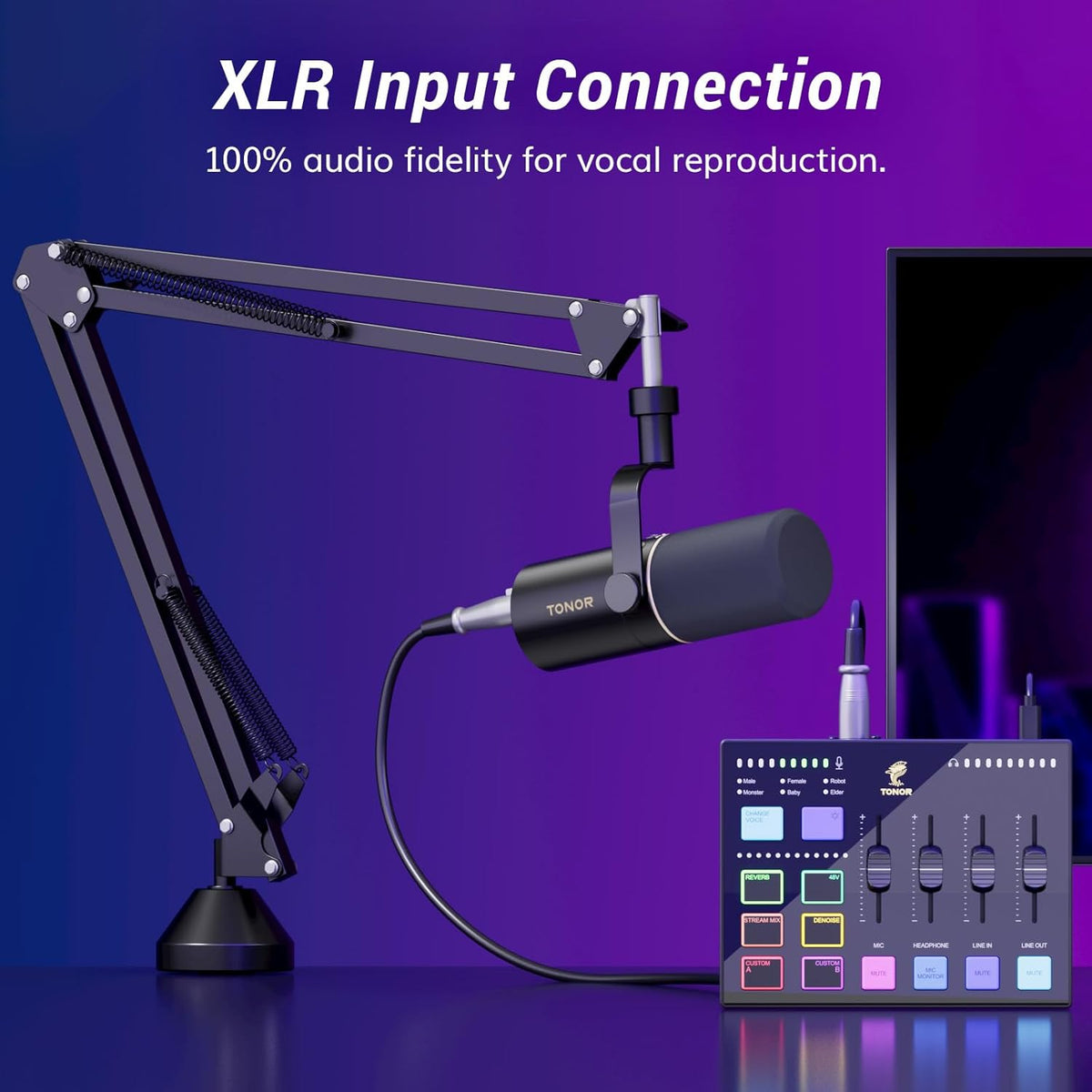 TONOR Podcast-apparatuurpakket, audiomixer met dynamische microfoon of boommicrofoon, XLR-microfoon met studio-audio-interface, alles-in-één pakket voor podcasting, streaming, opnemen, E7