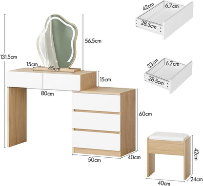 Make-uptafel – Kaptafel – Schminktisch – Make-up Bureau – Beautytafel – Wolkenvormige Spiegel – 10 Verstelbare LED-Lampen – Ruime Laden Met Kruk Opbergruimte