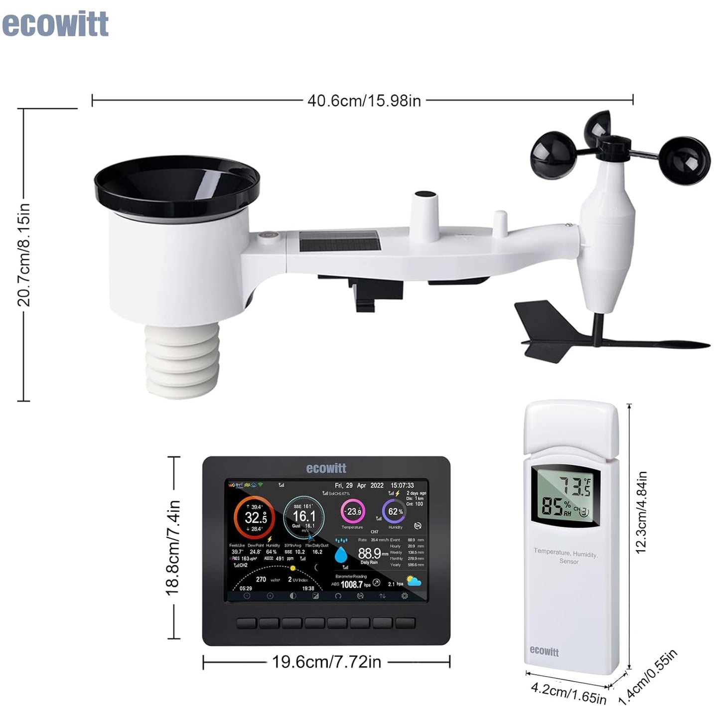 Ecowitt HP2551 Draadloos wifi-weerstation, digitale weersvoorspelling met TFT-scherm, regenmeter, anemometer, zonnestraling, zonne-energie, ecosysteempoort