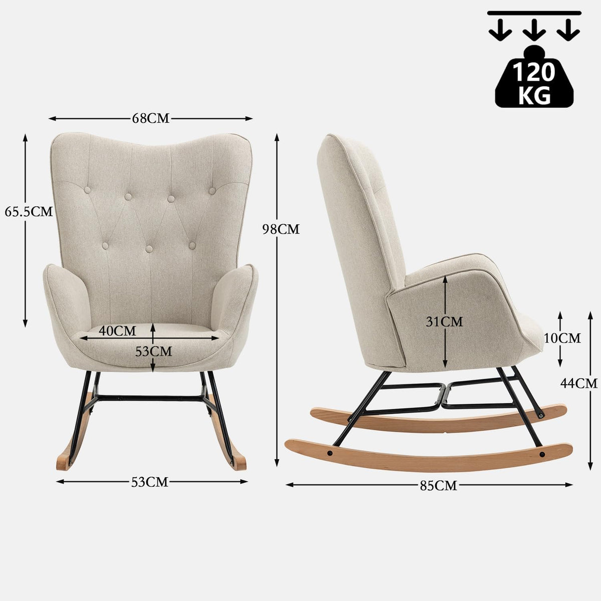 Schommelstoel – Relaxstoel – Fauteuil – Voedingsstoel – Schommelstoel Babykamer – Scandinavisch Design – Met Armleuningen – Met Metalen Frame en Houten Onderstel – Grijs – 66x84x97 cm