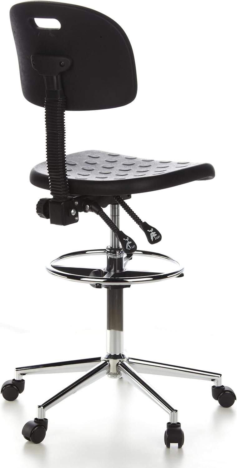 hjh OFFICE TOP Work 23 665060 Werkstoel van hardschuim, zwart/chroom, met rugleuning en wielen, in hoogte verstelbaar