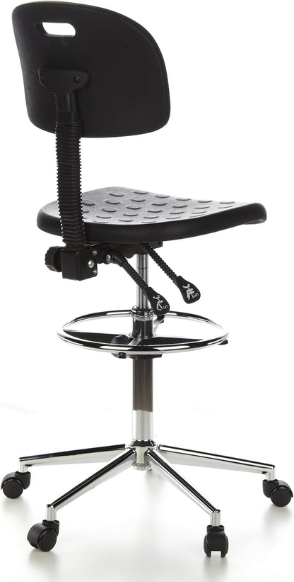 hjh OFFICE TOP Work 23 665060 Werkstoel van hardschuim, zwart/chroom, met rugleuning en wielen, in hoogte verstelbaar