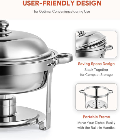 Wilprep Chafing dish rond 5 liter, Buffet set van 4, RVS voedselwarmer kit, Bain Marie Ø 34 cm met brandpasta houders, voor restaurant catering partijen bruiloften picknicks feest
