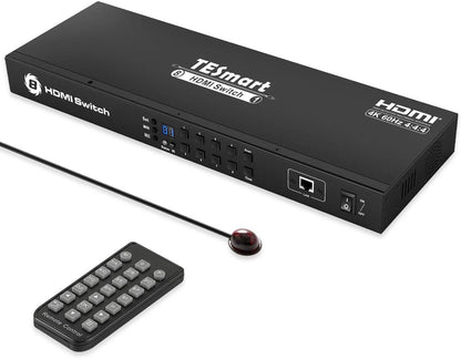 TESmart HDMI Switch 8 in 1 uit HDMI-schakelaar 8-poorts Ondersteunt 4K@60Hz HDCP 2.2, 19" rackmount | RS-232/Lan-bediening | IR-afstandsbediening en automatische schakelaar | Automatische scan