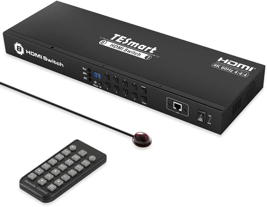 TESmart HDMI Switch 8 in 1 uit HDMI-schakelaar 8-poorts Ondersteunt 4K@60Hz HDCP 2.2, 19" rackmount | RS-232/Lan-bediening | IR-afstandsbediening en automatische schakelaar | Automatische scan