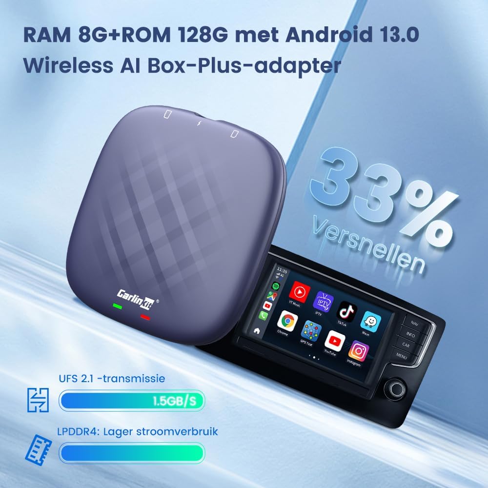 Wireless CarPlay – Draadloze Android Auto – AI Box – CarPlay Adapter – Auto Multimedia – 8 GB RAM + 128 GB Opslag – Android 13.0 Systeem met YouTube en Netflix