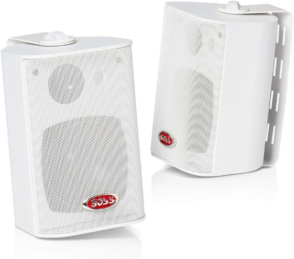KIT SET VOOR BOSS AUDIO SYSTEMS MR4.3W 2 witte 3-weg speakers, 100 watt rms 200 watt max, 4 ohm, waterdicht, zwembad, boot, binnen en buiten + montagebeugels inbegrepen, per paar