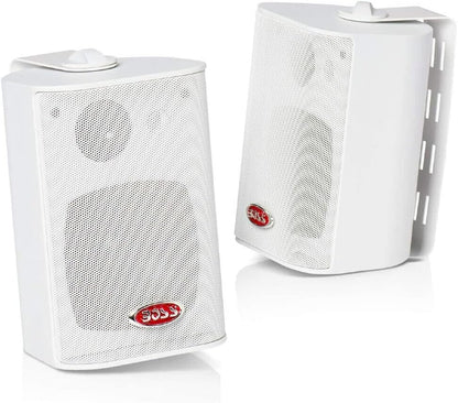 KIT SET VOOR BOSS AUDIO SYSTEMS MR4.3W 2 witte 3-weg speakers, 100 watt rms 200 watt max, 4 ohm, waterdicht, zwembad, boot, binnen en buiten + montagebeugels inbegrepen, per paar