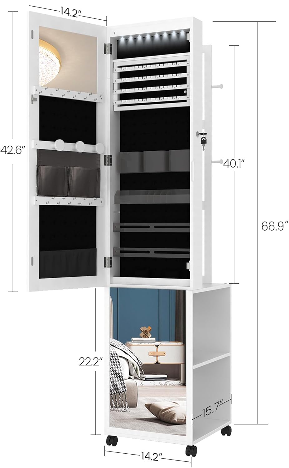 Hzuaneri Jewelry and Wardrobe with 8 LEDs, 165cm Jewelry Storage System with 1 Clothes Rack, Lockable Full Length Mirror with 4 Wheels, Storage Shelves with Hooks, White and Black JC17003B