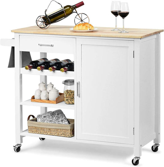 FANTASK Houten keukentrolley op wieltjes, wijnrek & handdoekhouder, keukeneiland met laden, serveerwagen met werkblad, wit