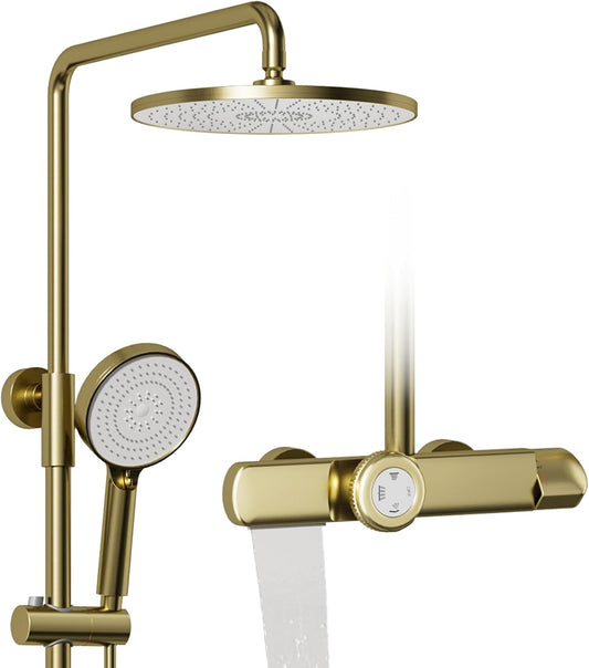 Douchemolom, goud geborsteld, thermostatische douchezuil, 3-in-1 douchezuil met grote regendouchekop 260 x 260 mm, douchestang met douchekop en handdouche, regendouche met accessoires