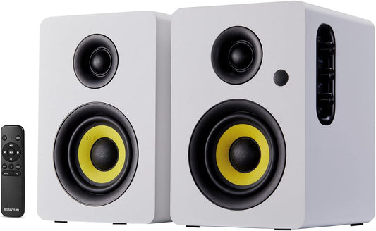 Sanyun SW206 4” HiFi Boekenplankluidsprekers met Studiomodus, 80W Actief, Bluetooth 5.4/Optisch/Coaxiaal/TRS/Aux/24bit DAC USB, voor Draaitafel TV PC Desktop, MDF Kabinet, Afstandsbediening, Wit