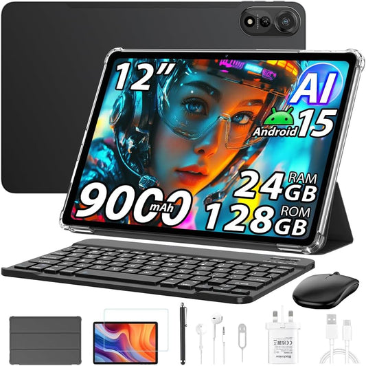 Blackview Mega 2 Android 15 Tablet 12 inch, 24 GB + 128 GB/2 TB uitbreiding, 2.4K FHD+ Gaming Tablet 4G LTE 5G WiFi, 16 MP + 8 MP, 9000 mAh, pc-mode, OTG, FM, hoes + intelligente pen + muis +