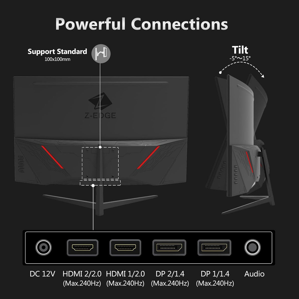 Z-Edge Gaming Monitor Curved 32'' 240Hz, 1ms, 1080P, FreeSync, Screen game LED 16:9, 1500R VA, 4000:1 Adjustable Tilt, 2×HDMI 2.0 & 2× DP 1.4, VESA(HDMI Cable Included)