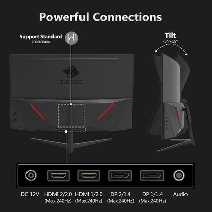 Z-Edge Gaming Monitor Curved 32'' 240Hz, 1ms, 1080P, FreeSync, Screen game LED 16:9, 1500R VA, 4000:1 Adjustable Tilt, 2×HDMI 2.0 & 2× DP 1.4, VESA(HDMI Cable Included)