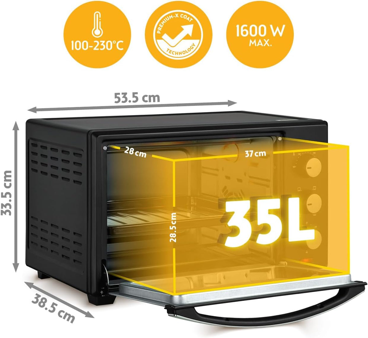 TZS First Austria - Minibakoven 35L 1600W - Mini Bakoven Pizzaoven traploze temperatuurregeling tot 230°C & antiaanbaklaag - Minioven 60 min. timer, 3 inschuifhoogtes, bakplaat & grillrooster