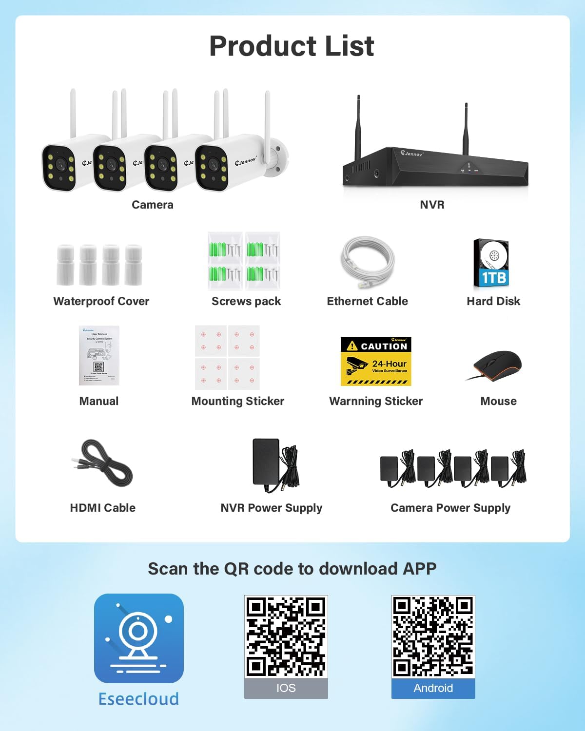 Jennov 5MP Bewakingscamera Set, 10CH 5MP WLAN NVR met 4x WiFi Buitencamera met 120° Groothoek, 24/7-opname, Persoonsdetectie, 2-Wege-Audio, Kleuren-nachtzicht, 1TB