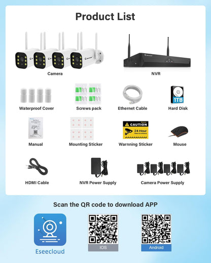 Jennov 5MP Bewakingscamera Set, 10CH 5MP WLAN NVR met 4x WiFi Buitencamera met 120° Groothoek, 24/7-opname, Persoonsdetectie, 2-Wege-Audio, Kleuren-nachtzicht, 1TB