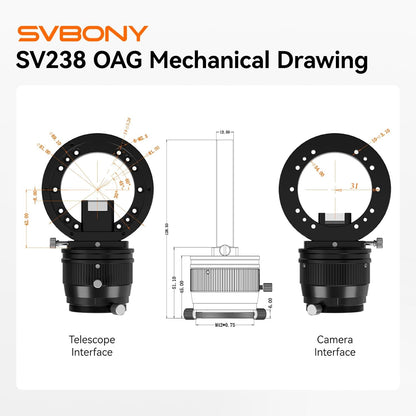 Svbony SV238 OAG (Off-Axis Guider), 8 * 14mm Prisma Groot, 12,5 mm Bodydikte CNC geleidescoop, Dual Helical Focuser Telescoopaccessoire, met M54, M48, M42-adapter, voor Astronomiefotografie