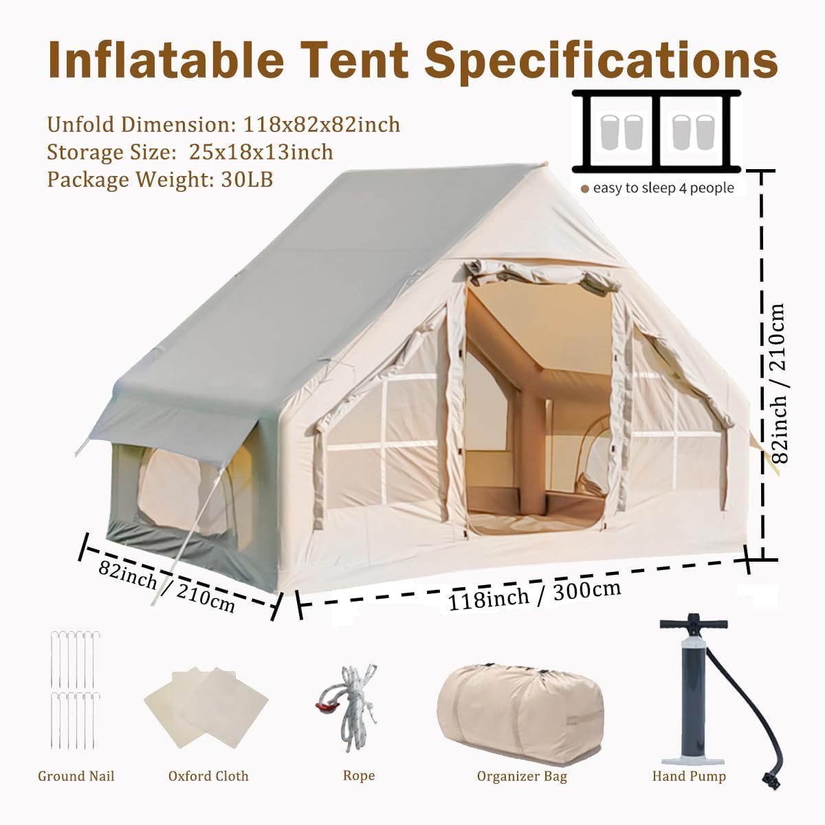 Opblaasbare tent, eenvoudige opbouw, campingtent, pop-up outdoortent met handpomp voor 3-5 personen, 300D Oxford, 4-seizoenen, water- en winddicht, met mesh-ramen, voor vrienden, familie, reizen