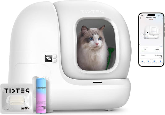 Zelfreinigende Kattenbak – Automatische Kattenbak – Slimme Kattenbak – App-gestuurde Kattenbak – Hygiënische Kattenbak – Ruime Afmetingen 48x52 cm – Geurpreventie Zonder Spray – Witte Uitvoering - QUORE