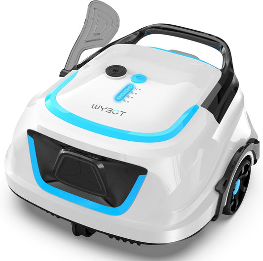 WYBOT Zwembadrobot met accu, 120 minuten reiniging, tweelaags filtersysteem, led-indicatoren, draadloze zwembadrobot met 2,5 uur snel opladen, voor vlakke bodem, wit-blauw