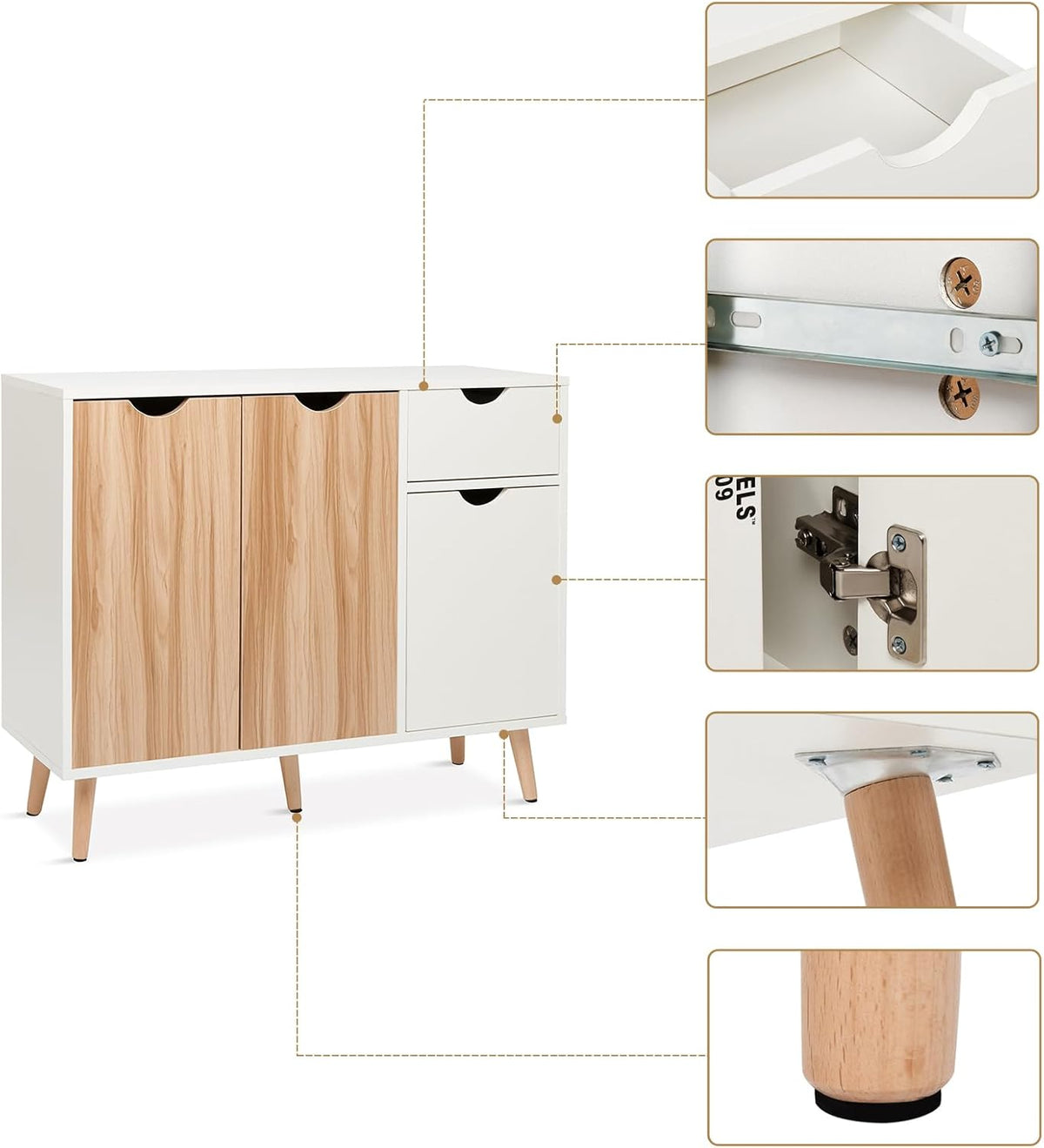 Mondeer Commode, dressoir hout met 1 lade en 3 deuren voor woonkamer slaapkamer hal, wit en natuur 90 x 30 x 73 cm