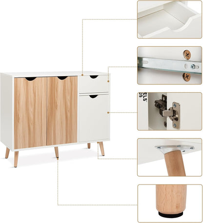 Mondeer Commode, dressoir hout met 1 lade en 3 deuren voor woonkamer slaapkamer hal, wit en natuur 90 x 30 x 73 cm