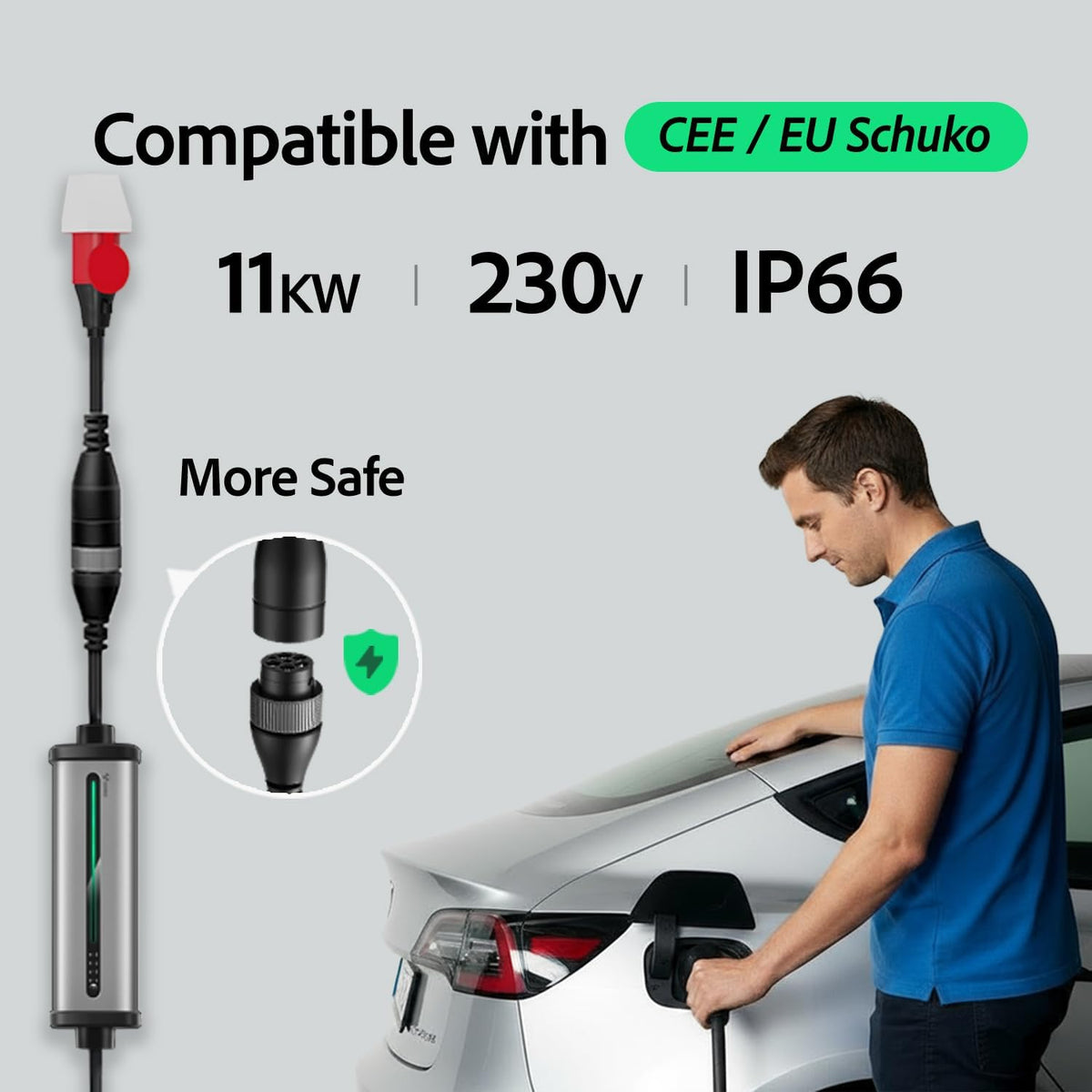 11 kW EV Oplader [3-Fase| 7m | 8-16A ] IP 66 EV-lader Type 2 Mobiel Laadstation/Wallbox Laadkabel Type 2 met Schuko Stekker en CEE Stekker voor auto model 3/Y ID.3/4/5 i3 e-tron EQC en alle EV/PHEV