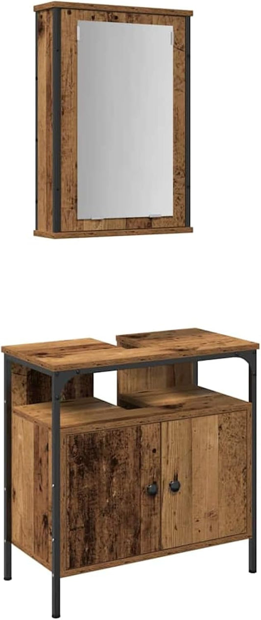 Gecheer Bathroom Furniture Set with Shelf with Door, 2 Pieces, Brown Wood, Modern Bathroom Cabinet, Bathroom Cabinet for Makeup, Toiletries, 3332524 - QUORE