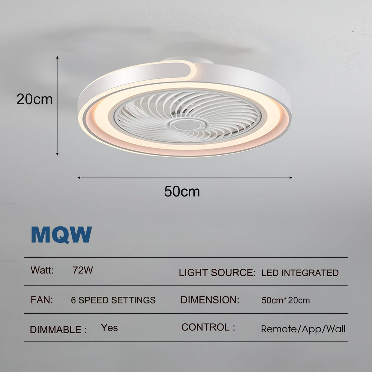 TYJY Modernity Ronde plafondventilator, stil, met licht, 50 cm, plafondlamp, ventilator, 70 W, led, dimbaar, met afstandsbediening, app, timer, 6 snelheden, voor woonkamer, slaapkamer, eetkamer (wit)