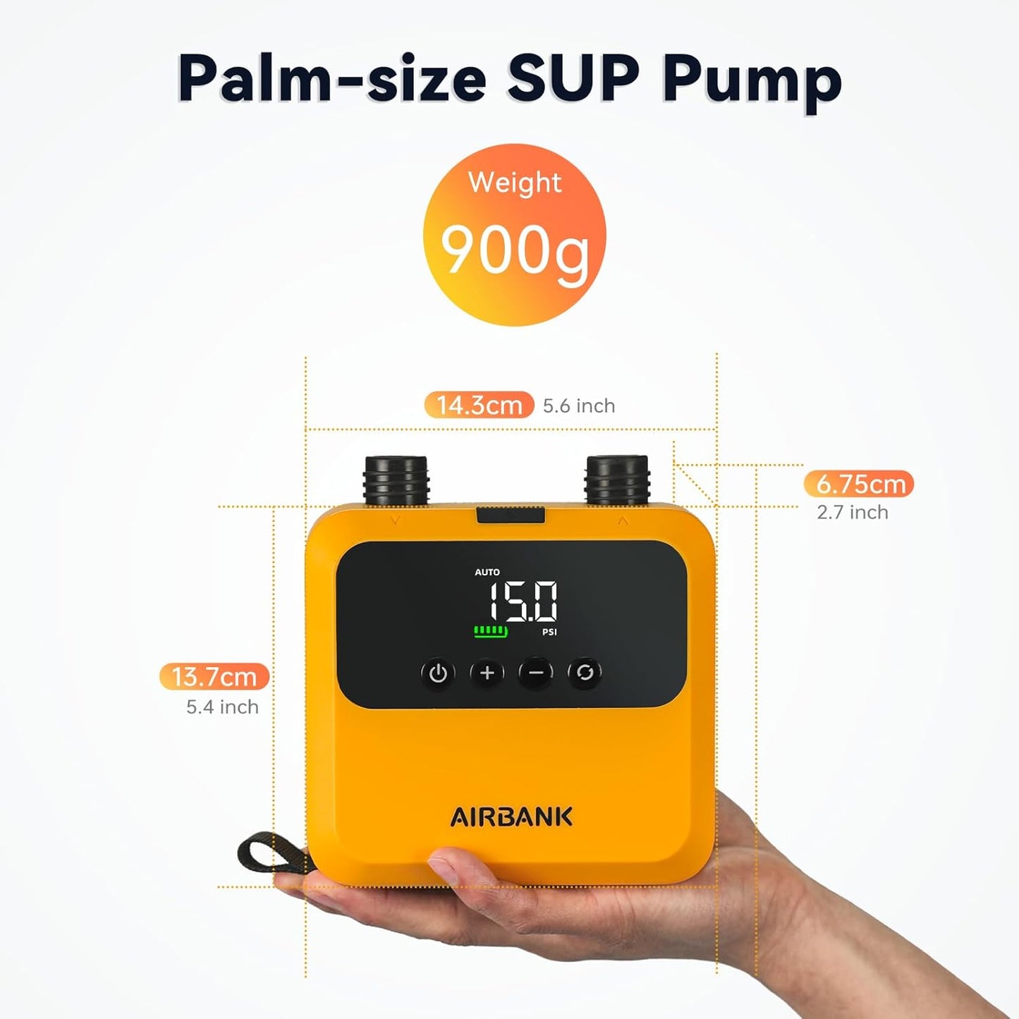 AIRBANK Mini SUP Elektrische luchtpomp Pulse Pro, super kleine oplaadbare elektrische draagbare SUP-pomp, max 20 psi, luchtpomp met borstelloze motor voor kajaks, opblaasbare boten, tenten