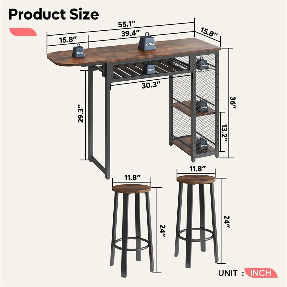 Bartafelset, bartafel met 2 barkrukken, eettafel, statafel met wijnglashouder en plank, keukentafel in industriële stijl, statafel voor bar, bistro en woonkamer (bruin)