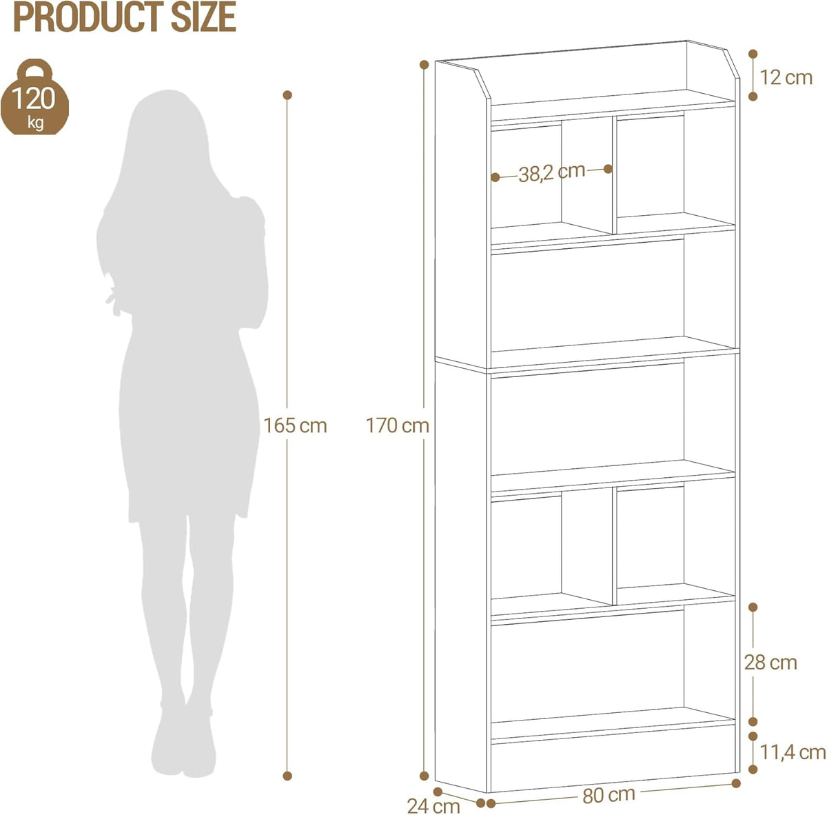 Hzuaneri 6 Tier Bookcase and Bookshelf, Freestanding Display Organizer with 8 Divided Sections, for Home Office, Living Room and Bedroom, 24 x 80 x 170cm, White, BC11803X