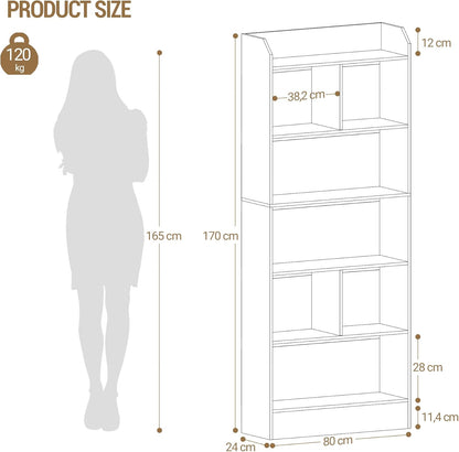 Hzuaneri 6 Tier Bookcase and Bookshelf, Freestanding Display Organizer with 8 Divided Sections, for Home Office, Living Room and Bedroom, 24 x 80 x 170cm, White, BC11803X