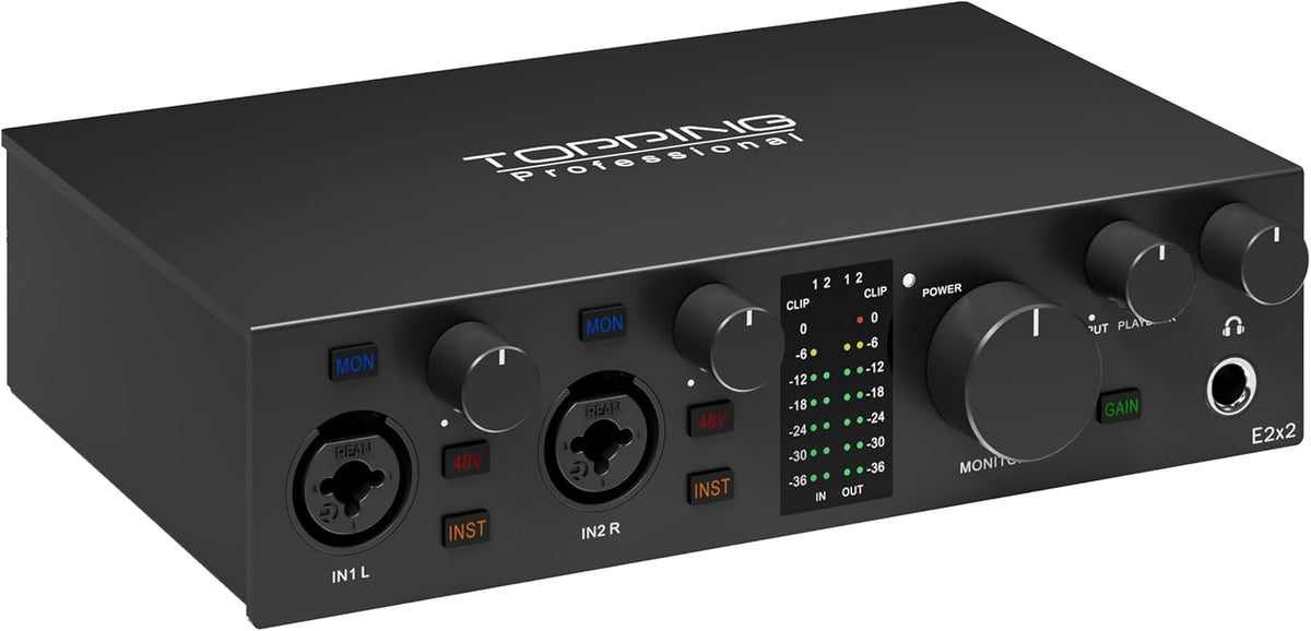 Topping Professional E2x2, USB-audio-interface en ultralineaire microfoonvoorversterkermodule (zwart)