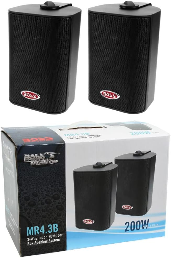 2 SPEAKERS compatibel met BOSS AUDIO SYSTEMS MR4.3B 3-weg zwart 100 watt rms 200 watt max waterdicht voor binnen en buiten + montagebeugels, een paar
