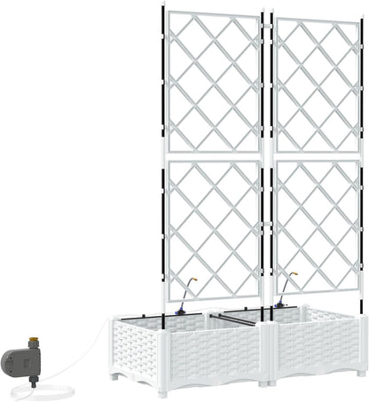 Set of 2 Flower Box with Irrigation System White with Adjustable Trellis for Climbing Plants, Modern Flower Box Made of Synthetic Rattan for Balcony, Garden, Indoor and Outdoor Use - QUORE