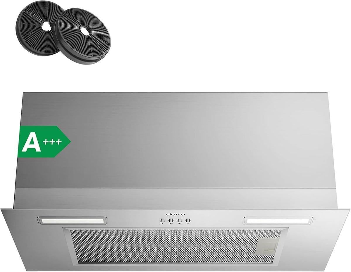 CIARRA CBCS6926A A+++ Inbouwafzuigkap, ventilatorbouwsteen, 60 cm breed, 650 m³/uur, afvoerlucht, inbouwkap, warme led-verlichting, 3 standen, met CBCF003 actieve koolfilter - QUORE