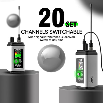 Debra EST-12 Draadloos In-Ear Monitoring Systeem met 2 Ontvangers, UHF Signaal (20 Kanelen), 0 Latentie, 80m Bereik en Metaalbehuizing voor Podium & Studio Wit