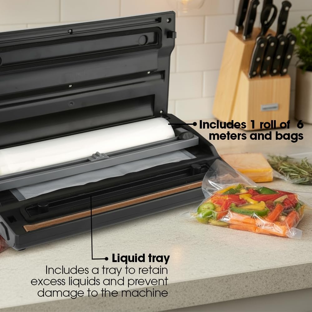 Vesta Precision Vakuum-Versiegelungsgerät – Vacn Seal Elite met 31 cm Sealbalk | 8,9x38x19,9cm Inclusief Verpakkingszakken, Zwarte kleur | Eenvoudige Huishoudelijke Vacuümsealer