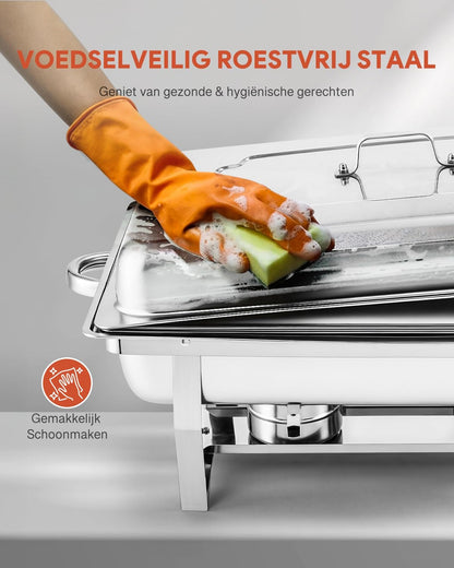 VONLUCE Chafing Dish Voedselverwarming, 9 l, 4 stuks roestvrijstalen warmtetank voor warmtetrank, roestvrijstalen buffetset, voor catering, buffet en feesten (zilver)
